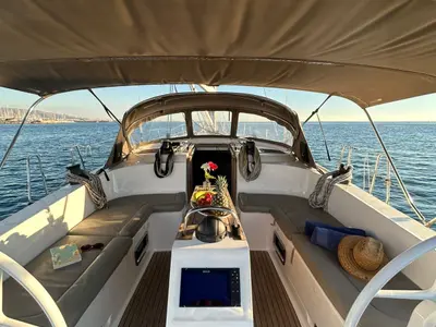 Cockpit of ANEMONI, a Bavaria Cruiser 46 Style sailboat at Athens, Greece