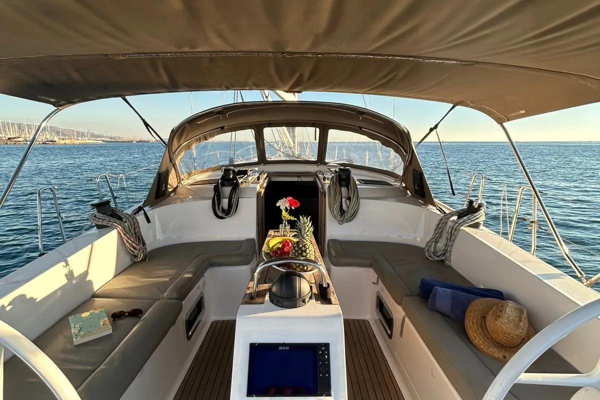 Cockpit of ANEMONI, a Bavaria Cruiser 46 Style sailboat at Athens, Greece