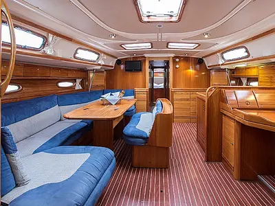 Salon of Wave Dancer, a Bavaria 50 Cruiser sailboat at Municipal Unit of Lefkada, Greece