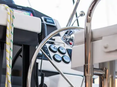 Cockpit of Sunsail 454 Classic, a Leopard 45 catamaran at Roche Caiman, Seychelles