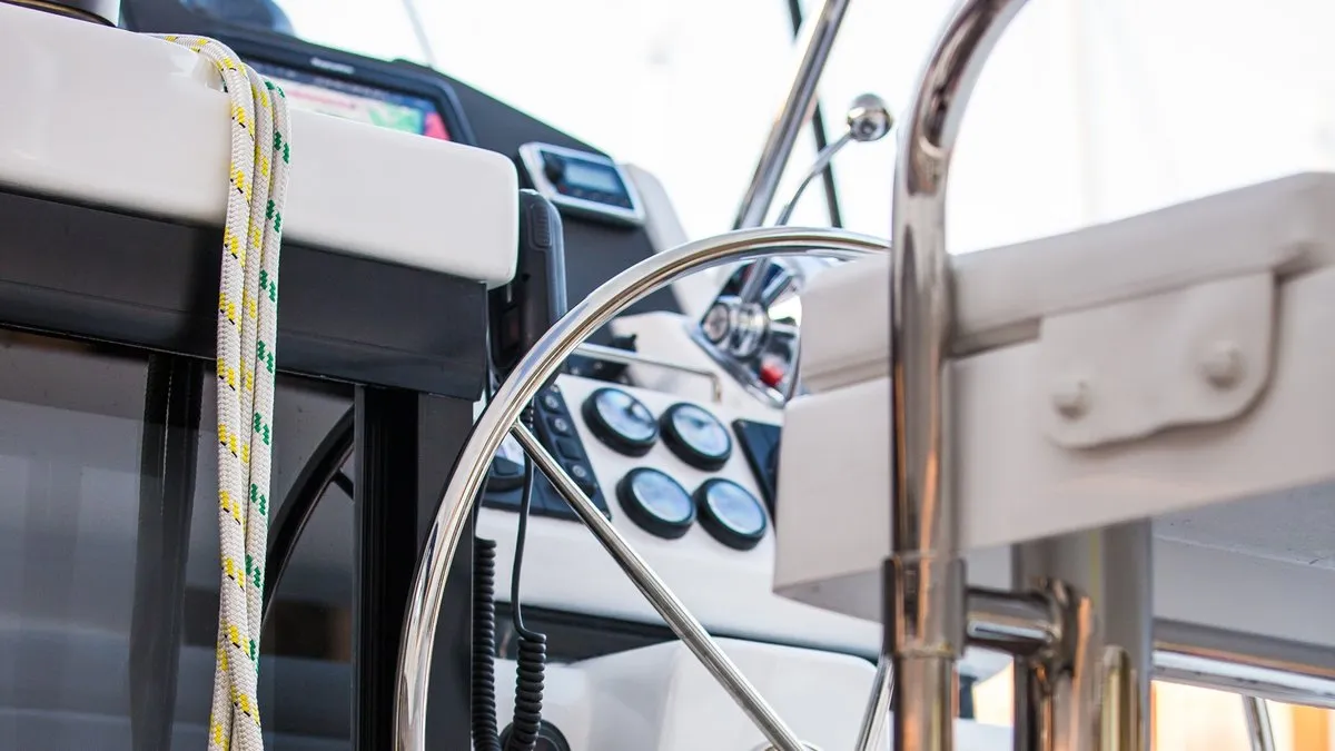 Cockpit of Sunsail 454 Classic, a Leopard 45 catamaran at Roche Caiman, Seychelles