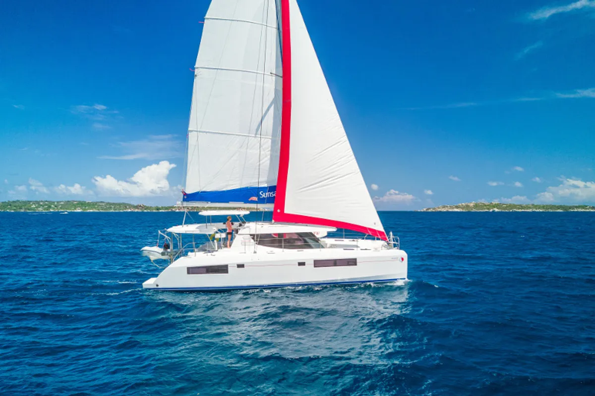 Exterior view of Sunsail 454 Classic, a Leopard 45 catamaran at Roche Caiman, Seychelles