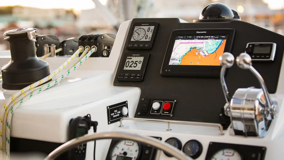 Cockpit of Sunsail 454 Classic, a Leopard 45 catamaran at Roche Caiman, Seychelles