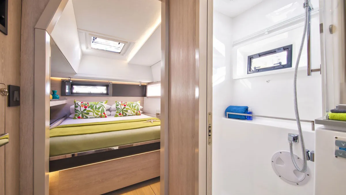 Cabin on Sunsail 454 Classic, a Leopard 45 catamaran at Roche Caiman, Seychelles