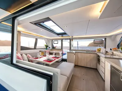 Salon of Sunsail 454 Classic, a Leopard 45 catamaran at Roche Caiman, Seychelles