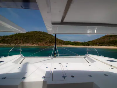 Deck of Sunsail 454 Classic, a Leopard 45 catamaran at Roche Caiman, Seychelles