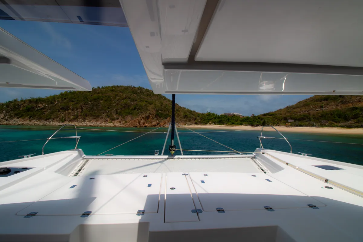 Deck of Sunsail 454 Classic, a Leopard 45 catamaran at Roche Caiman, Seychelles