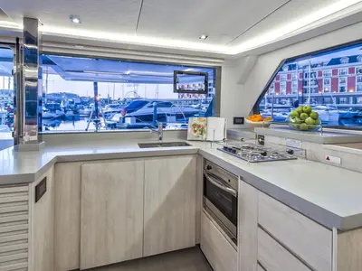 Galley of Sunsail 454 Classic, a Leopard 45 catamaran at Roche Caiman, Seychelles