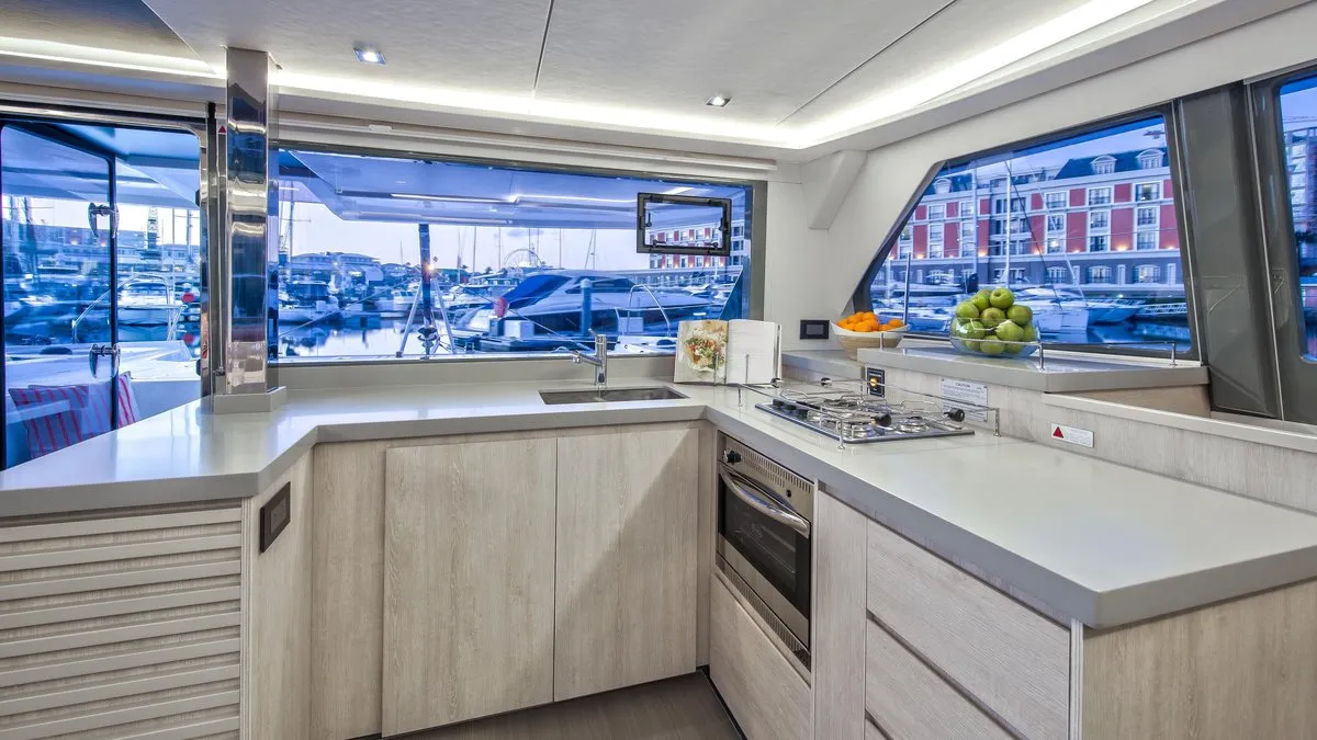 Galley of Sunsail 454 Classic, a Leopard 45 catamaran at Roche Caiman, Seychelles