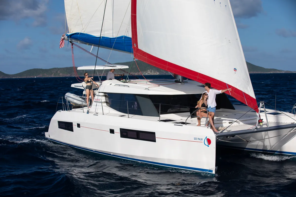 Exterior view of Sunsail 454 Classic, a Leopard 45 catamaran at Roche Caiman, Seychelles