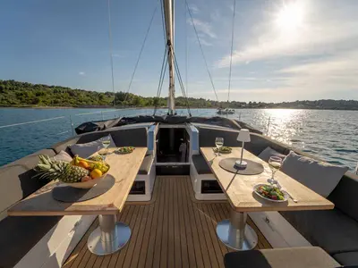 Deck of Mare Morea, a Hanse 460 sailboat at Grad Šibenik, Croatia