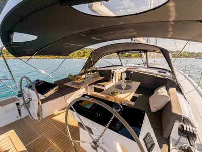 Cockpit of Mare Morea, a Hanse 460 sailboat at Grad Šibenik, Croatia