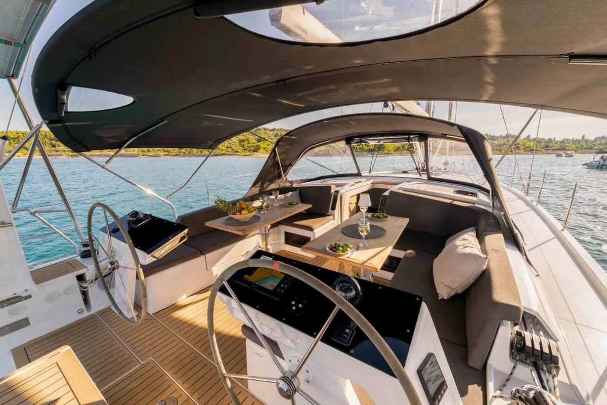 Cockpit of Mare Morea, a Hanse 460 sailboat at Grad Šibenik, Croatia