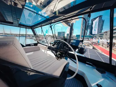 Cockpit of Summer, a Wave 60 catamaran at Olbia, Italy