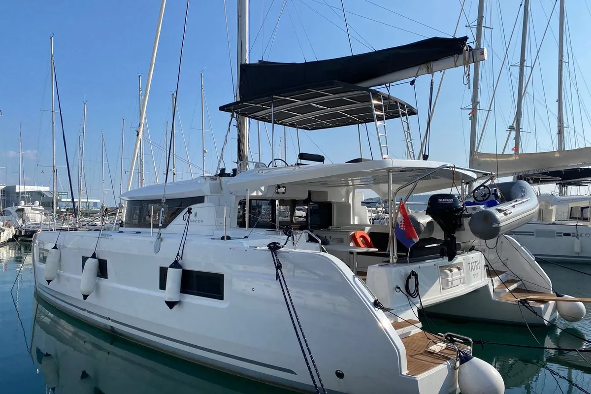 Exterior view of Tatry, a Lagoon 46 OW catamaran at Grad Kaštela, Croatia