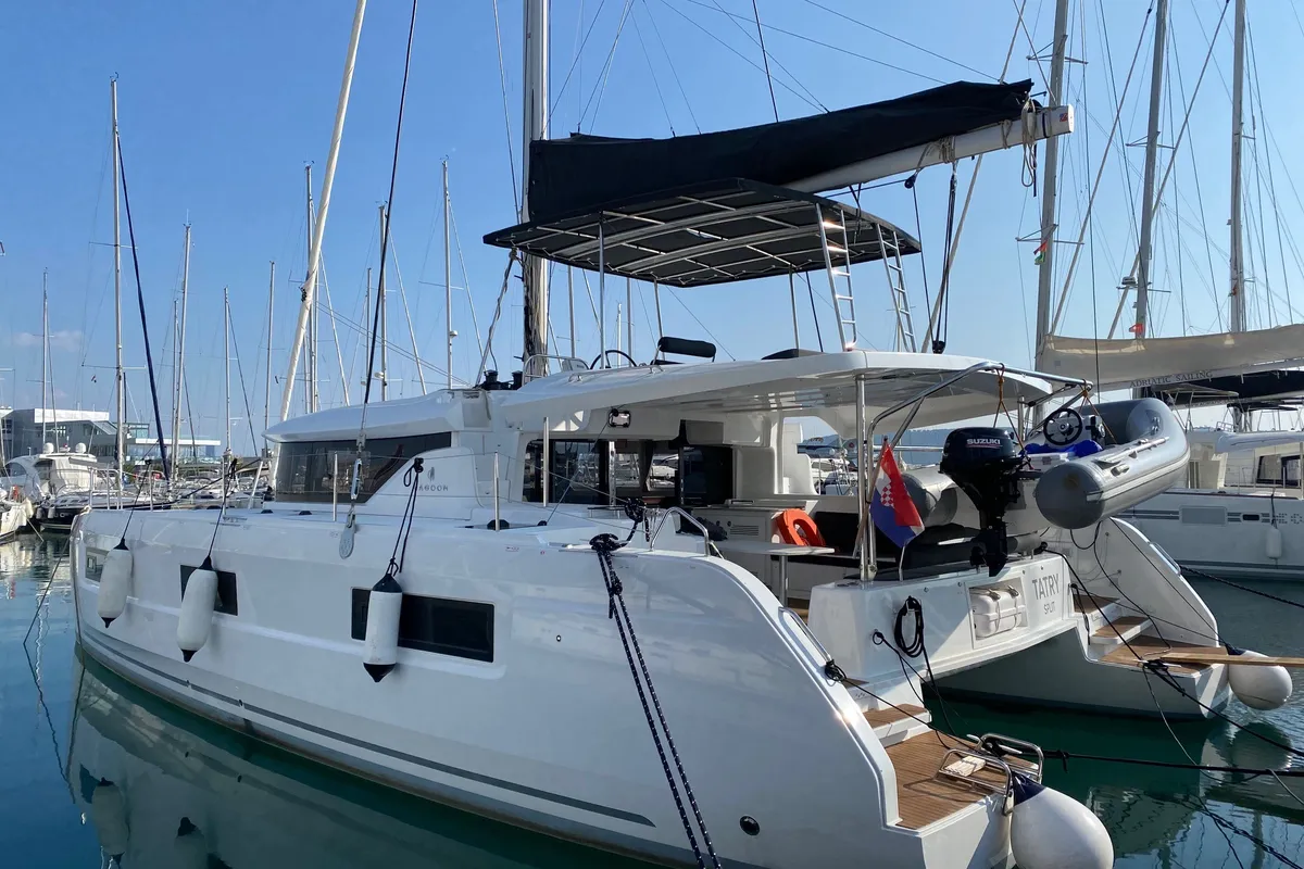 Exterior view of Tatry, a Lagoon 46 OW catamaran at Grad Kaštela, Croatia