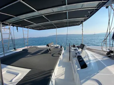 Cockpit of Tatry, a Lagoon 46 OW catamaran at Grad Kaštela, Croatia
