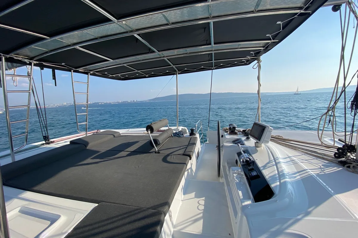 Cockpit of Tatry, a Lagoon 46 OW catamaran at Grad Kaštela, Croatia