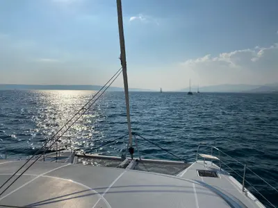 Deck of Tatry, a Lagoon 46 OW catamaran at Grad Kaštela, Croatia