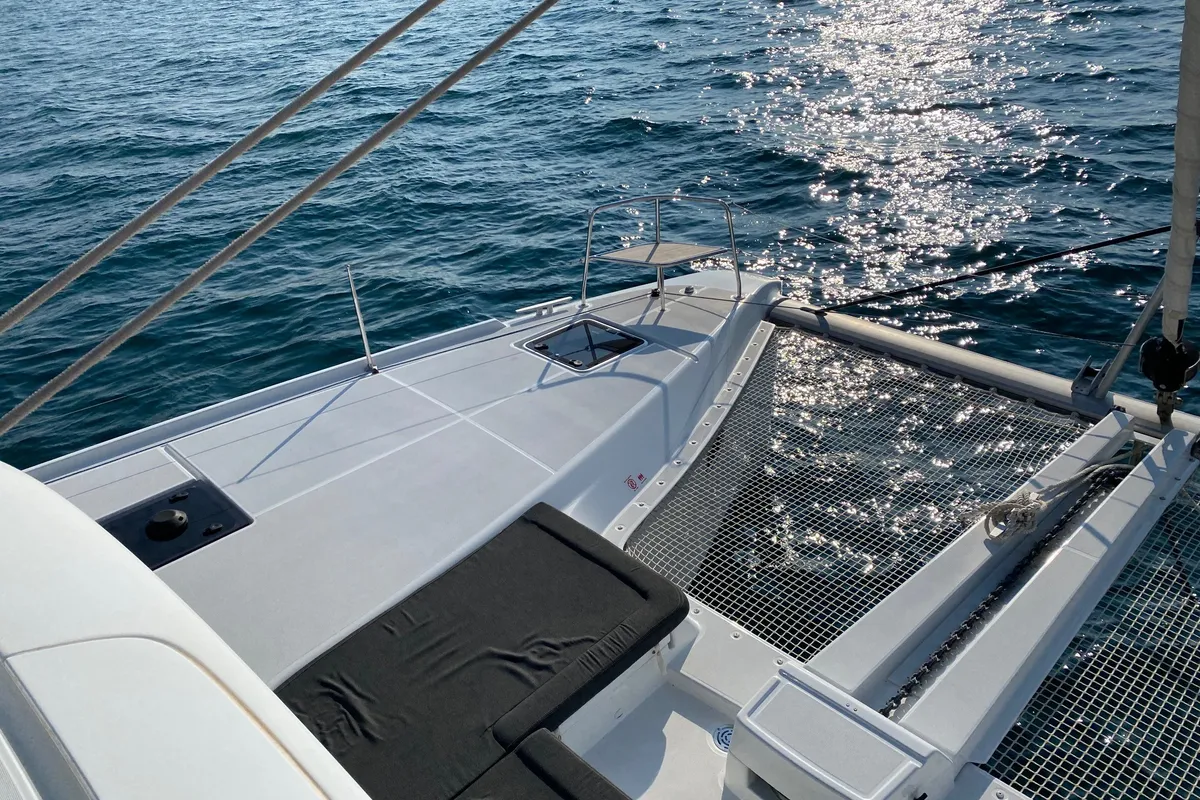Deck of Tatry, a Lagoon 46 OW catamaran at Grad Kaštela, Croatia