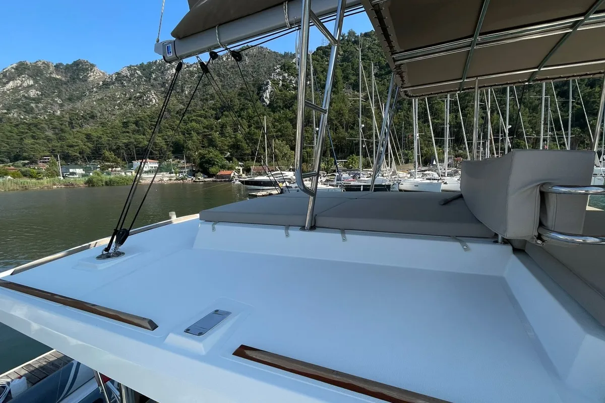 Deck of Sail Aquarius, a Bali 4.6 catamaran at Marmaris, Turkey