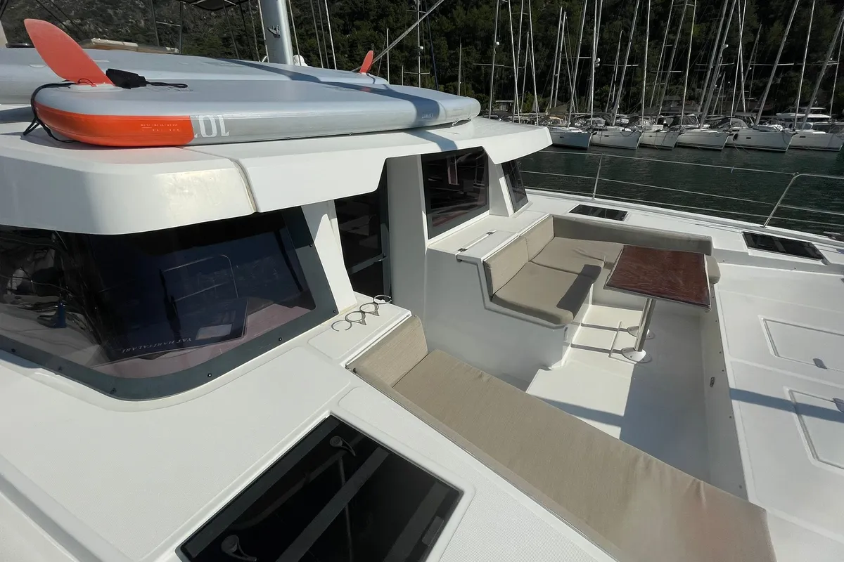 Deck of Sail Aquarius, a Bali 4.6 catamaran at Marmaris, Turkey