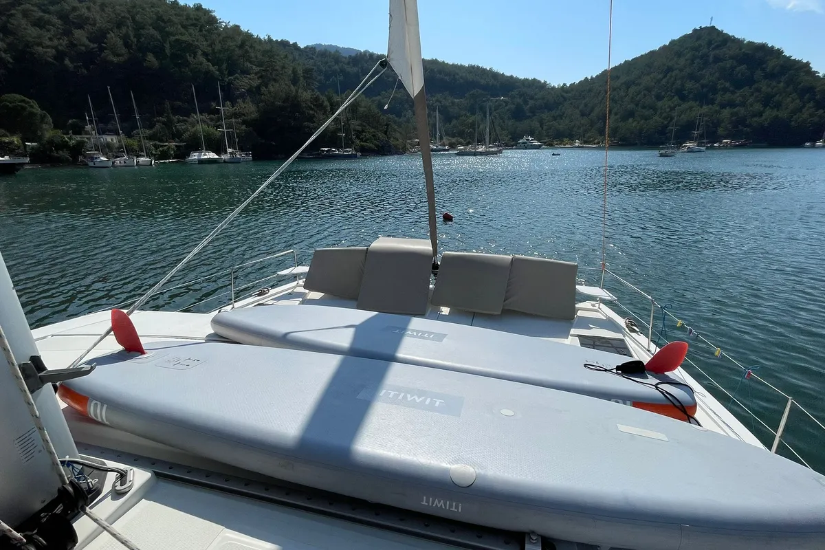 Deck of Sail Aquarius, a Bali 4.6 catamaran at Marmaris, Turkey