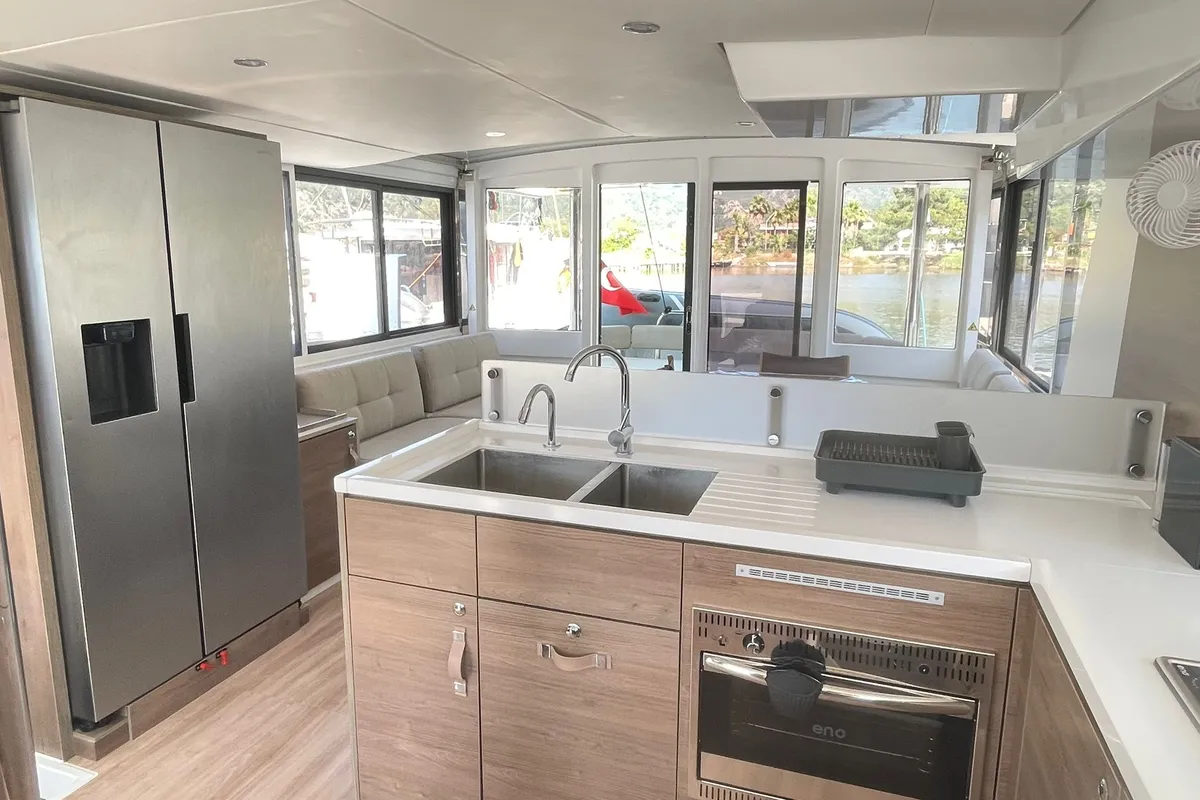 Galley of Sail Aquarius, a Bali 4.6 catamaran at Marmaris, Turkey