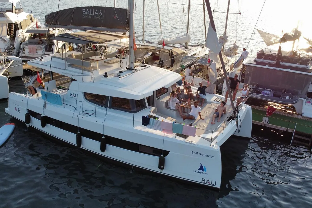 Exterior view of Sail Aquarius, a Bali 4.6 catamaran at Marmaris, Turkey