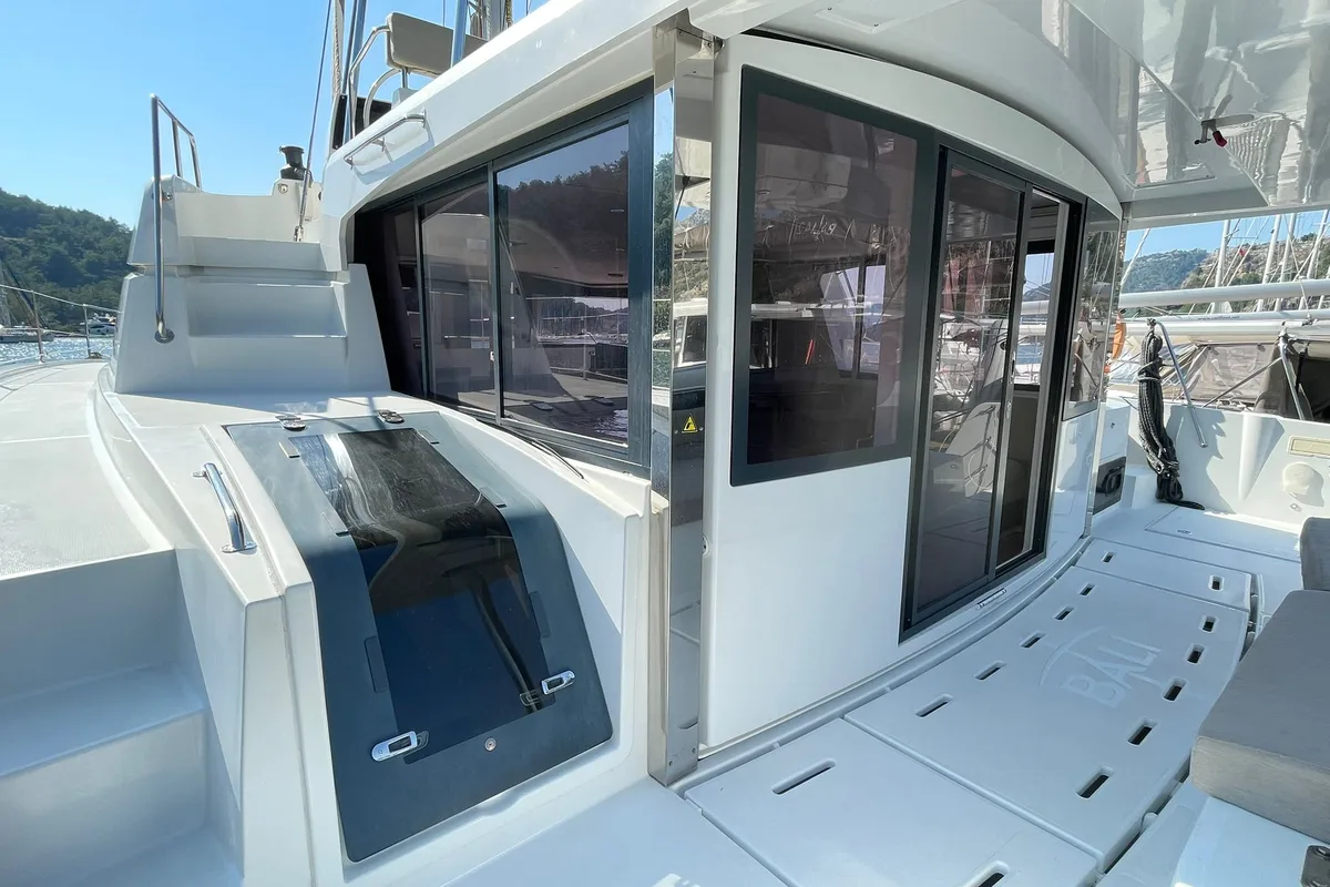 Deck of Sail Aquarius, a Bali 4.6 catamaran at Marmaris, Turkey