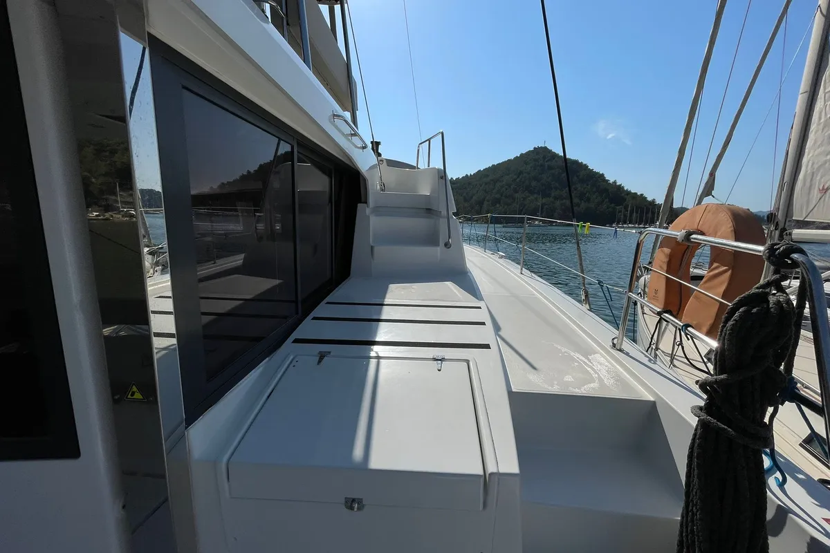 Deck of Sail Aquarius, a Bali 4.6 catamaran at Marmaris, Turkey