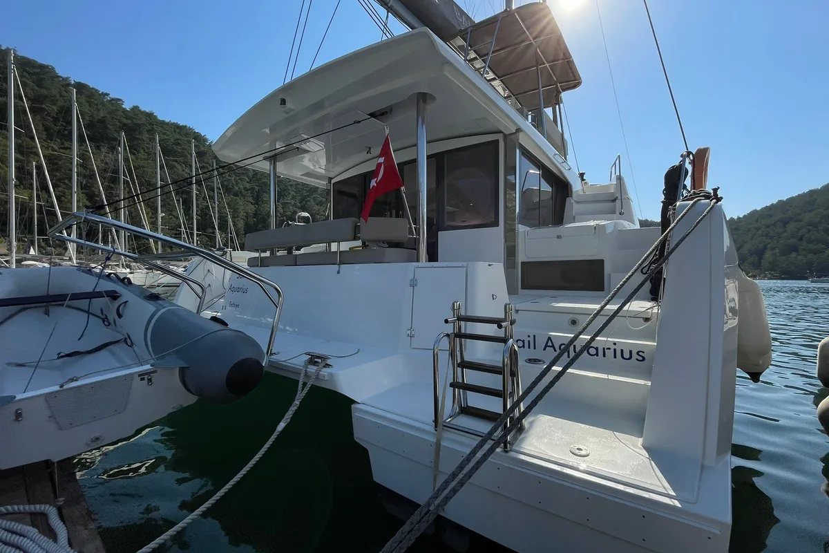 Exterior view of Sail Aquarius, a Bali 4.6 catamaran at Marmaris, Turkey