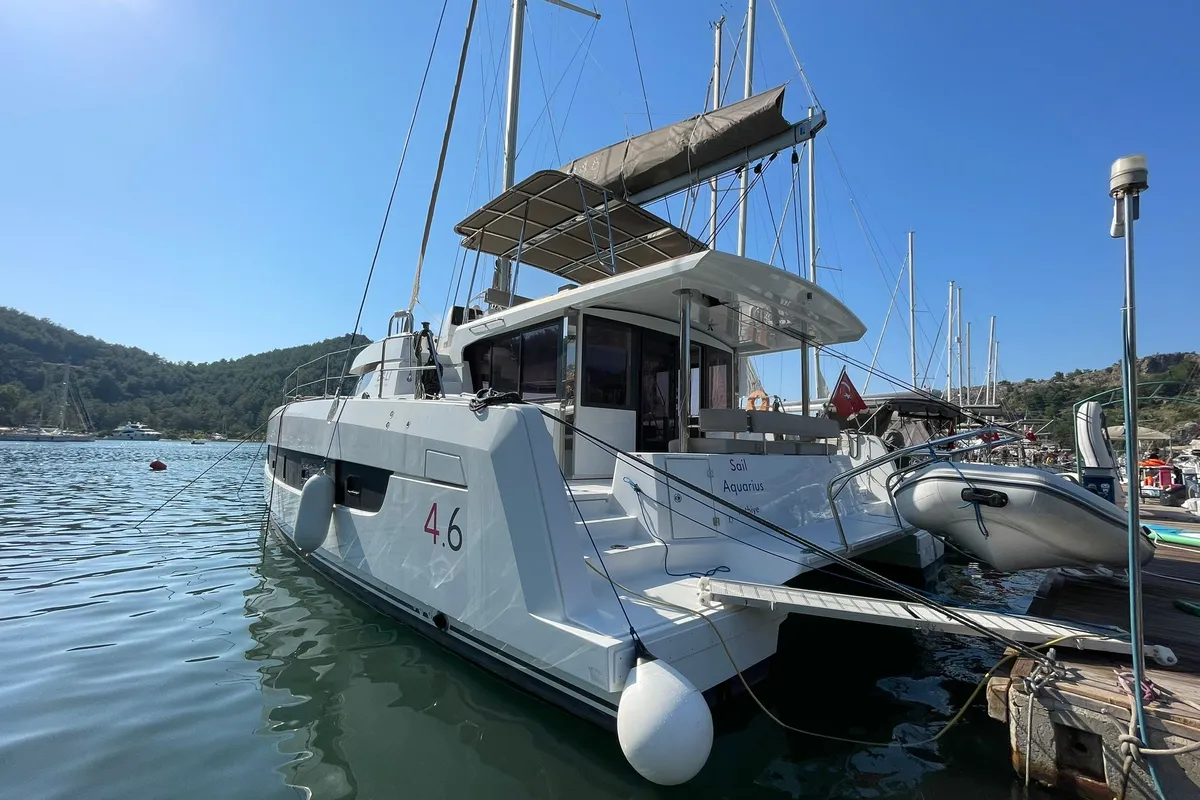 Exterior view of Sail Aquarius, a Bali 4.6 catamaran at Marmaris, Turkey
