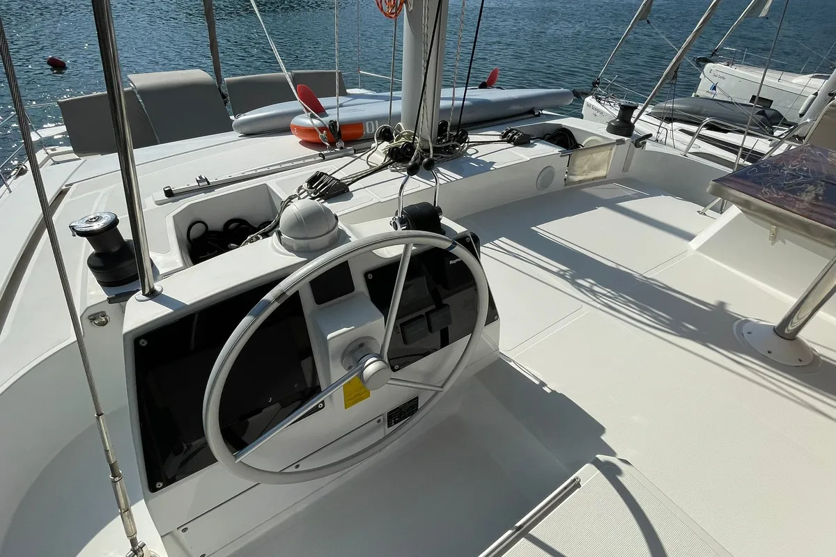 Cockpit of Sail Aquarius, a Bali 4.6 catamaran at Marmaris, Turkey
