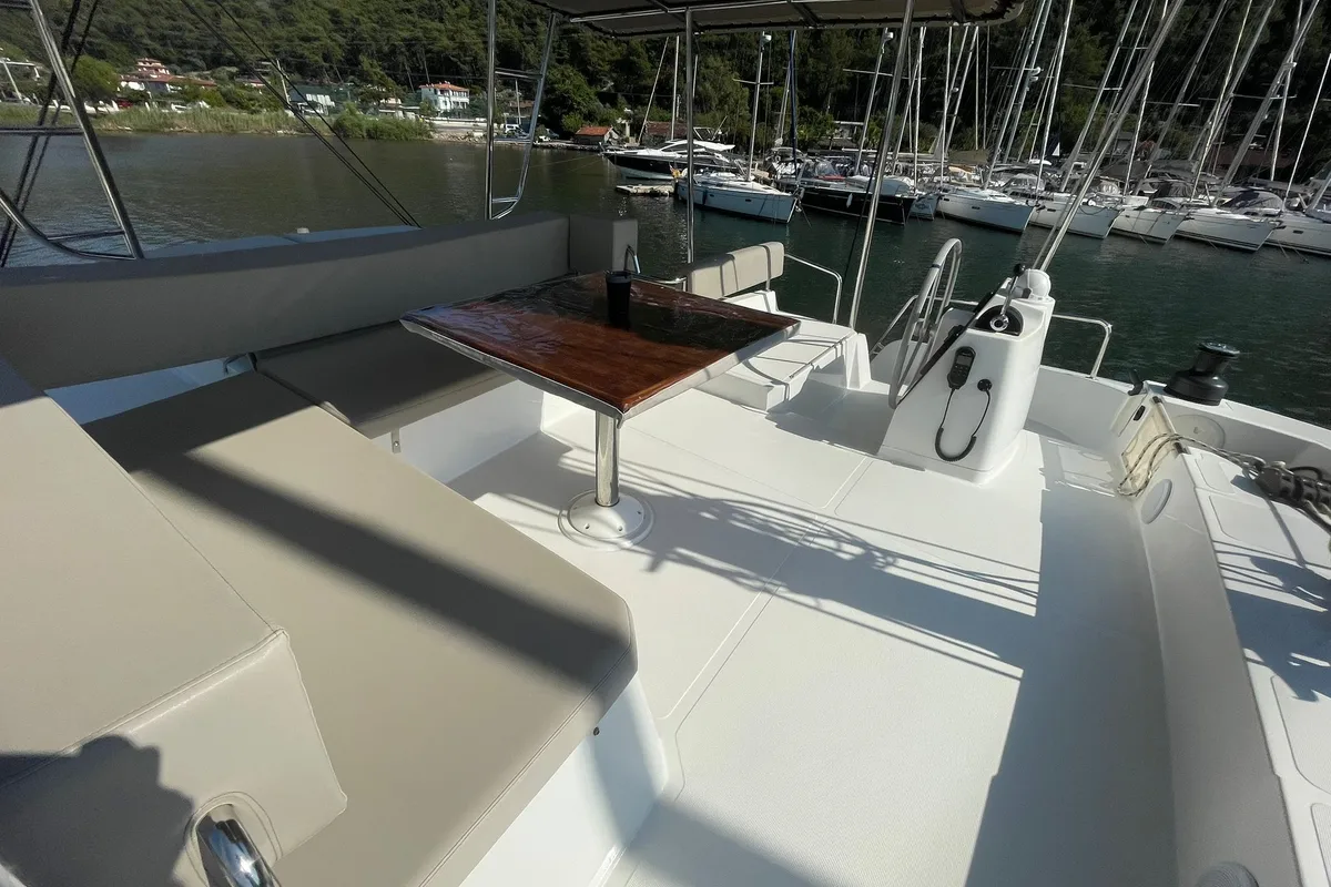 Cockpit of Sail Aquarius, a Bali 4.6 catamaran at Marmaris, Turkey