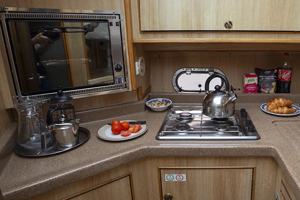 Galley of Cygnet Consul, a motorboat at Vinkeveen, Netherlands