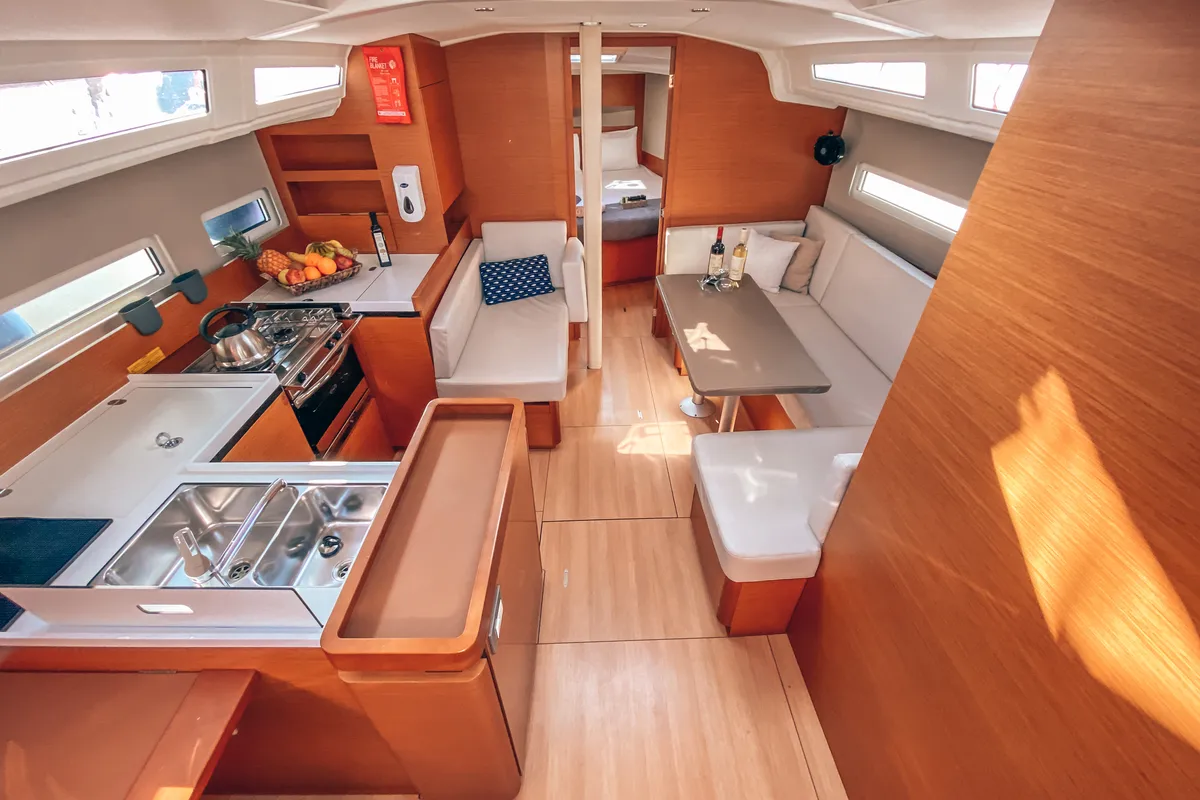 Galley of Aquaholic, a Jeanneau Sun Odyssey 410 sailboat at Athens, Greece