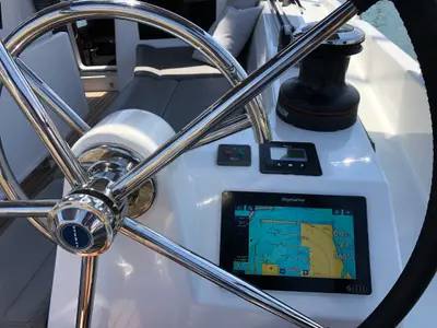 Cockpit of Aquaholic, a Jeanneau Sun Odyssey 410 sailboat at Athens, Greece