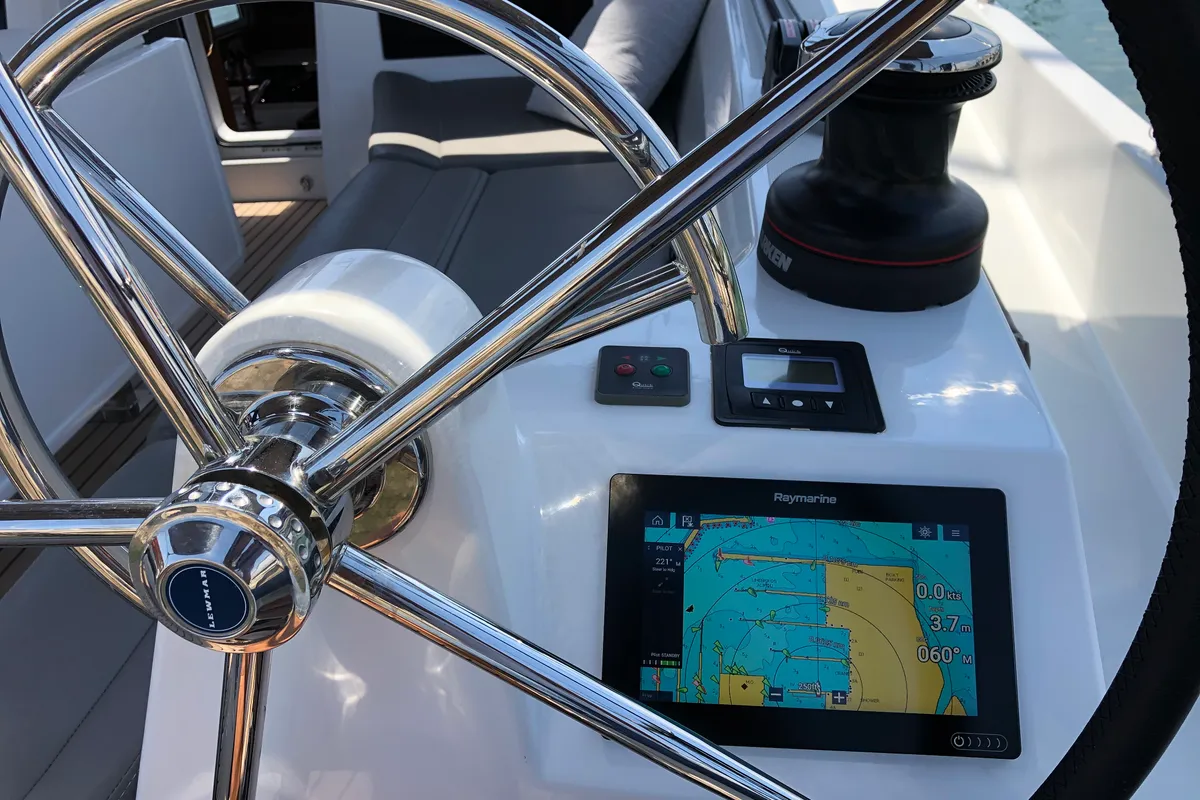 Cockpit of Aquaholic, a Jeanneau Sun Odyssey 410 sailboat at Athens, Greece