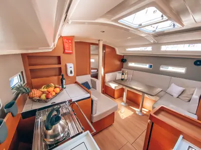 Galley of Aquaholic, a Jeanneau Sun Odyssey 410 sailboat at Athens, Greece