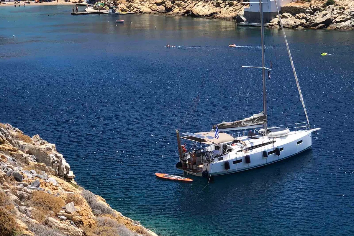 Exterior view of Aquaholic, a Jeanneau Sun Odyssey 410 sailboat at Athens, Greece