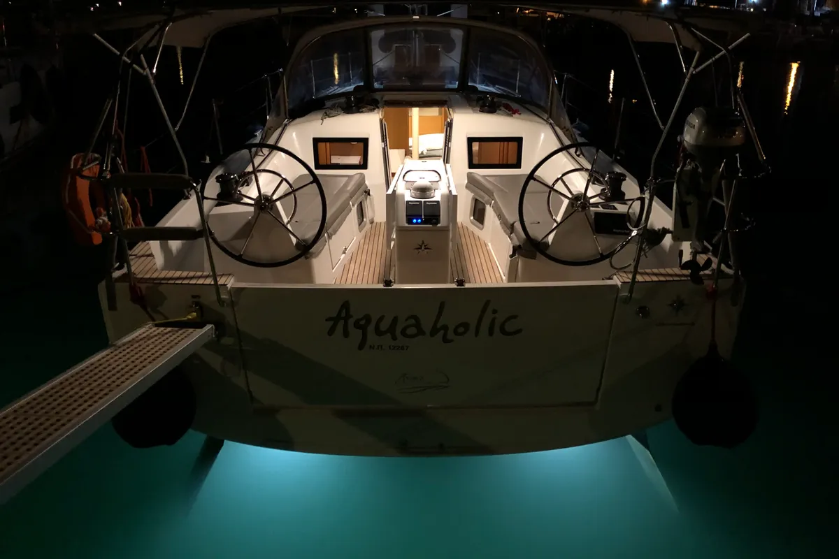 Exterior view of Aquaholic, a Jeanneau Sun Odyssey 410 sailboat at Athens, Greece