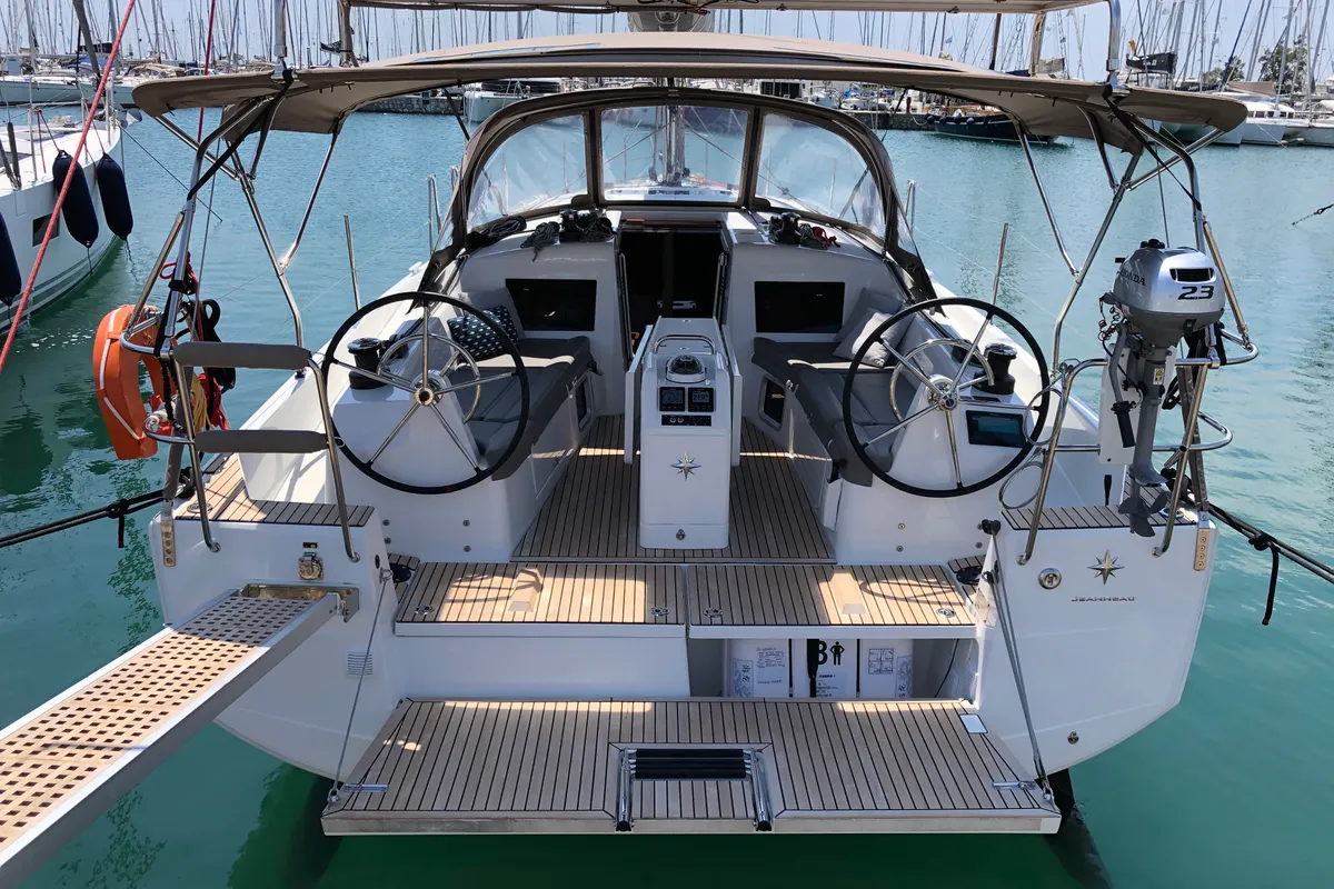 Cockpit of Aquaholic, a Jeanneau Sun Odyssey 410 sailboat at Athens, Greece