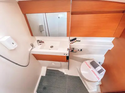 Head on Aquaholic, a Jeanneau Sun Odyssey 410 sailboat at Athens, Greece