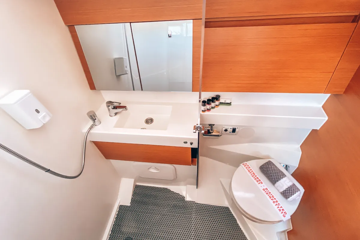 Head on Aquaholic, a Jeanneau Sun Odyssey 410 sailboat at Athens, Greece