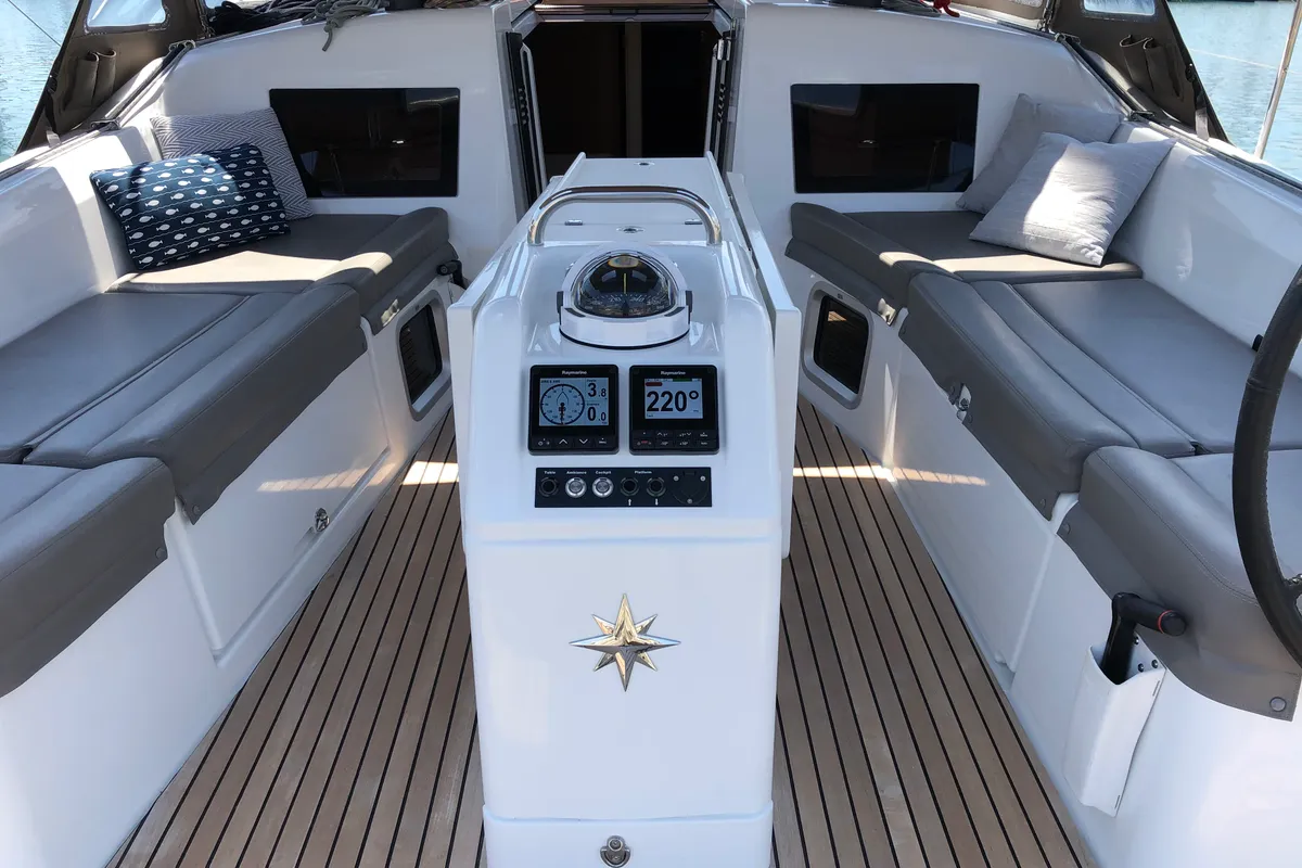 Cockpit of Aquaholic, a Jeanneau Sun Odyssey 410 sailboat at Athens, Greece