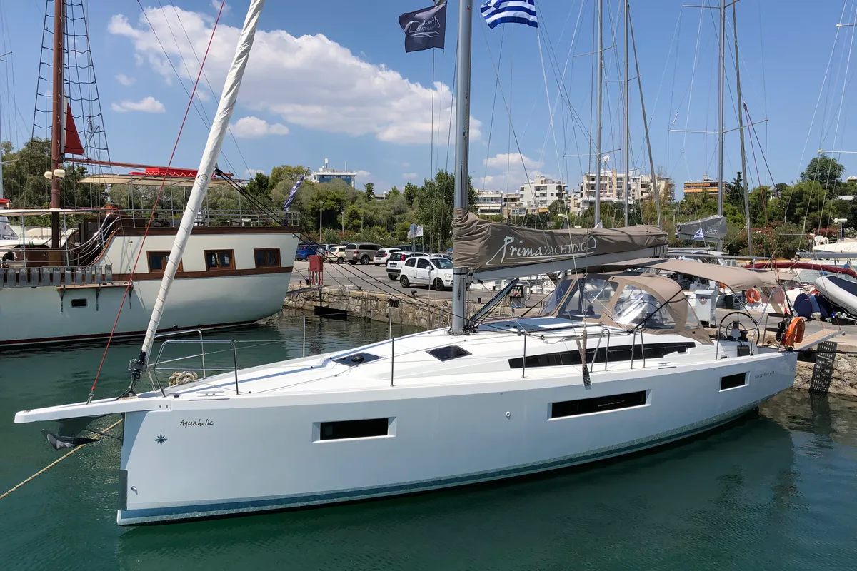 Exterior view of Aquaholic, a Jeanneau Sun Odyssey 410 sailboat at Athens, Greece