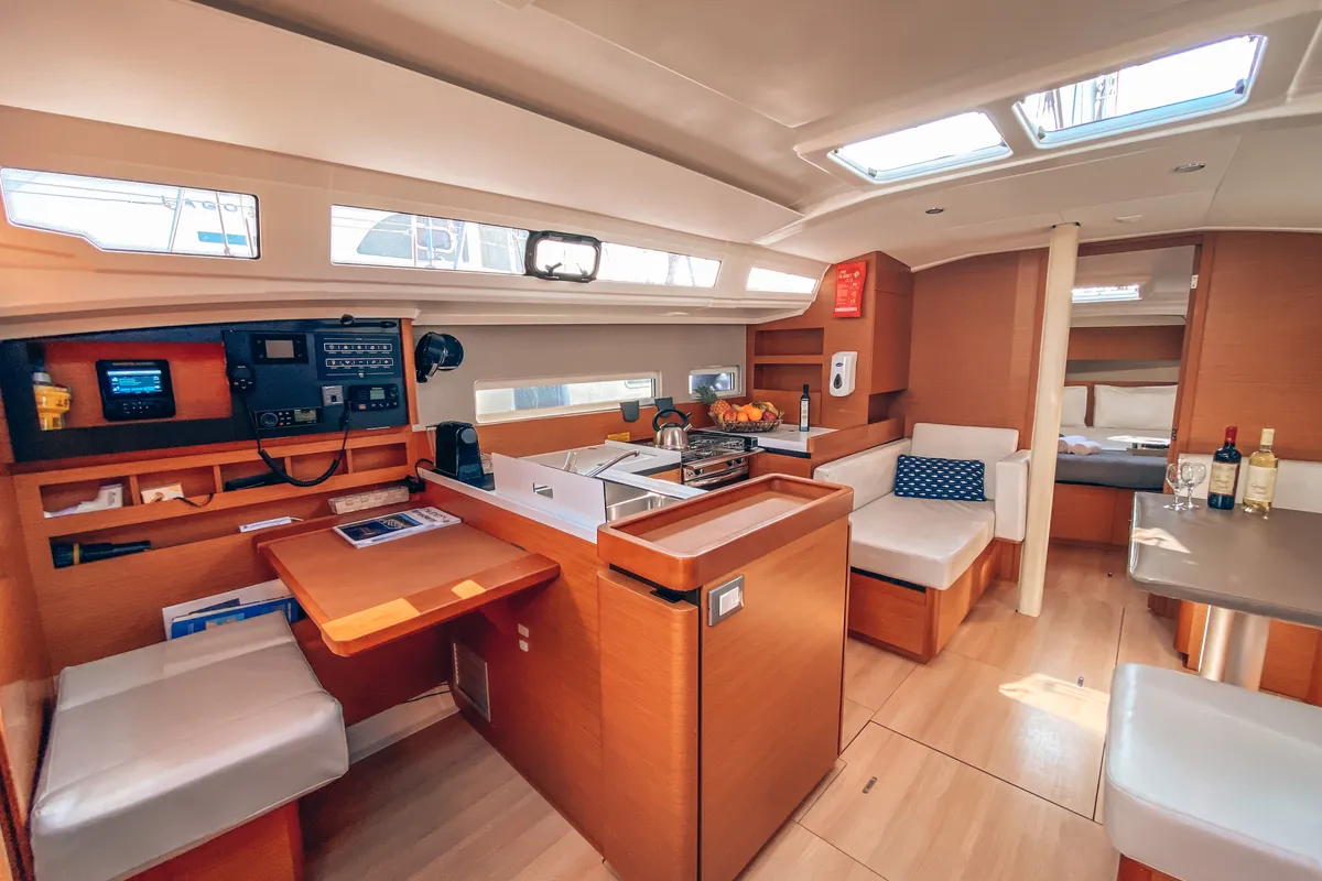 Galley of Aquaholic, a Jeanneau Sun Odyssey 410 sailboat at Athens, Greece