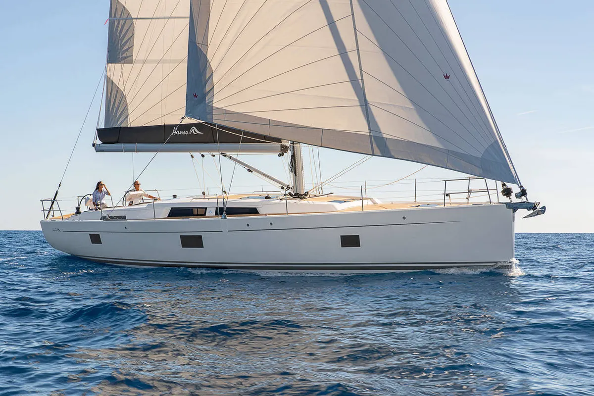Exterior view of Aktea, a Hanse 508 sailboat at Lavrion, Greece