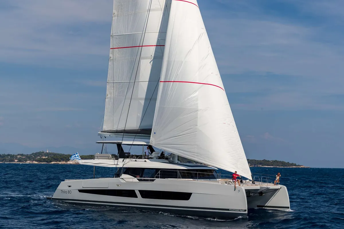 Serenissima III, a Fountaine Pajot Thira 80 catamaran at Municipal Unit of Nea Peramos, Greece